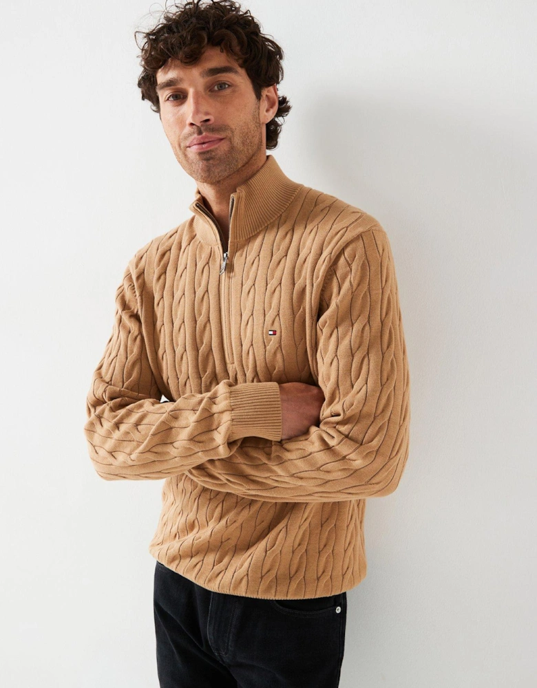 Classic Cotton Cable 1/4 Zip Mock Knitted Jumper - Light Brown