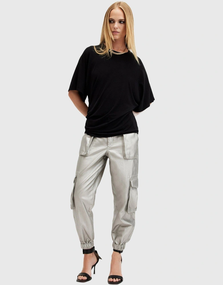 Freda Metallic Coated Cargo Trousers - Silver/Sage Green