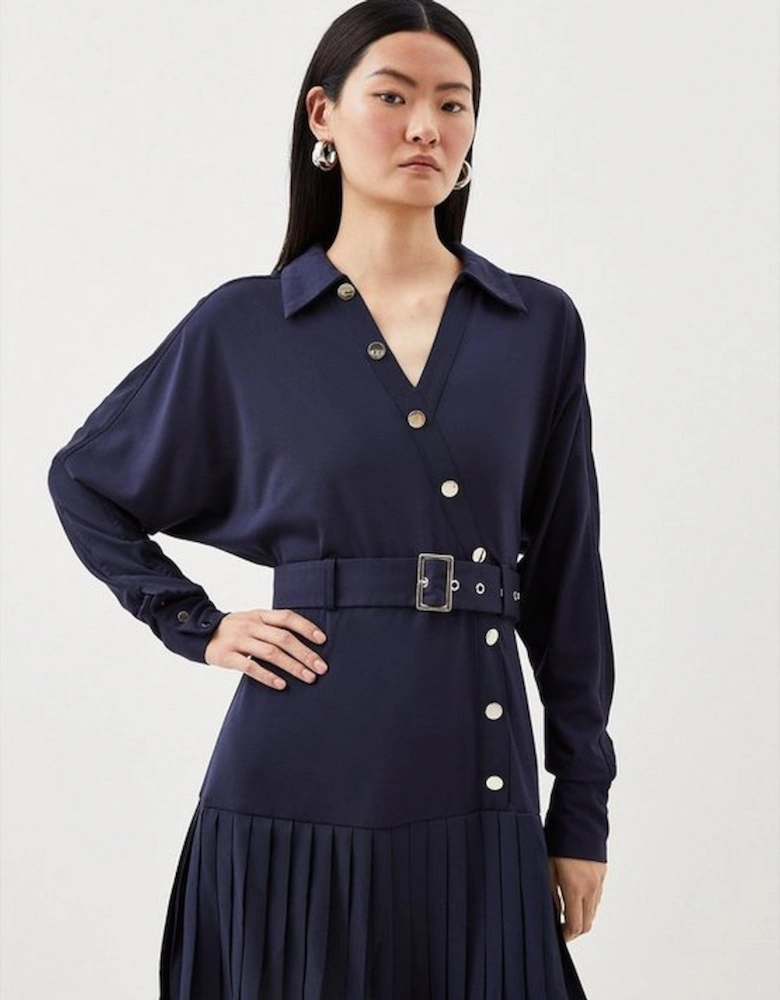 Jersey And Georgette Mix Belted Pleat Mini Dress