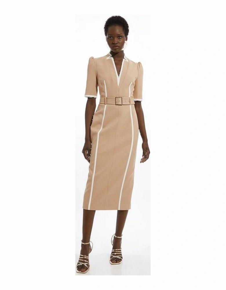 Compact Stretch Contrast Tipped Forever Belted Tailored Midi Dress