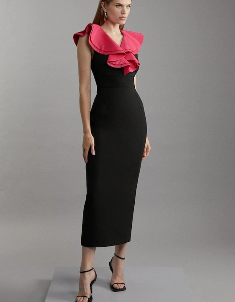 Compact Stretch Taffeta Ruffle Tailored Midi Dress