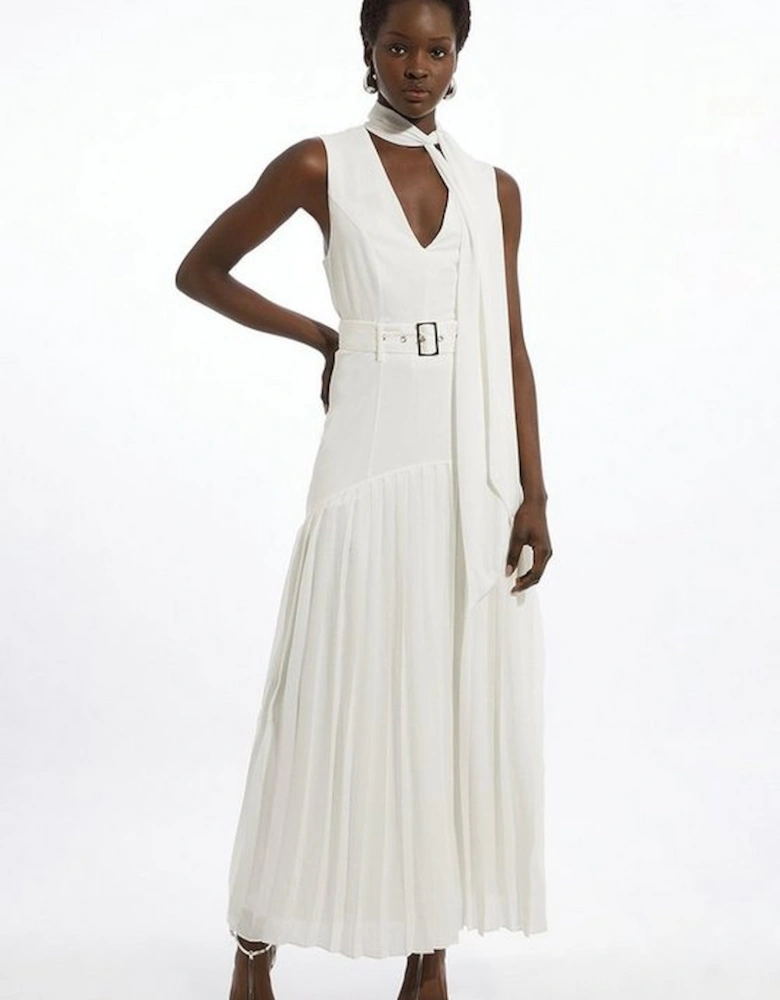 Tie Neck Ponte And Georgette Jersey Pleated Maxi Dress