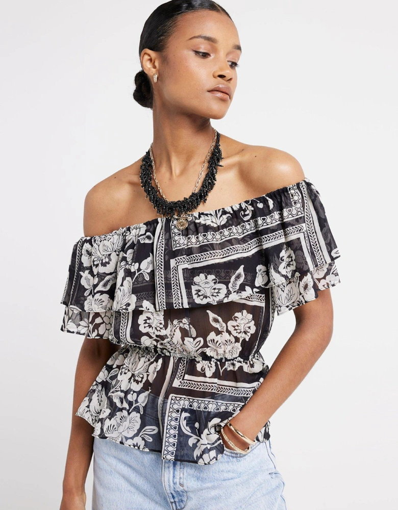 Printed Ruffle Bardot Blouse - Black