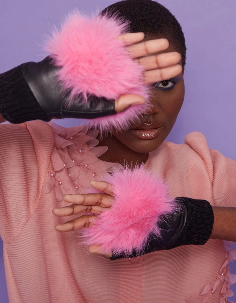 Pink Faux Fur Fingerless Gloves