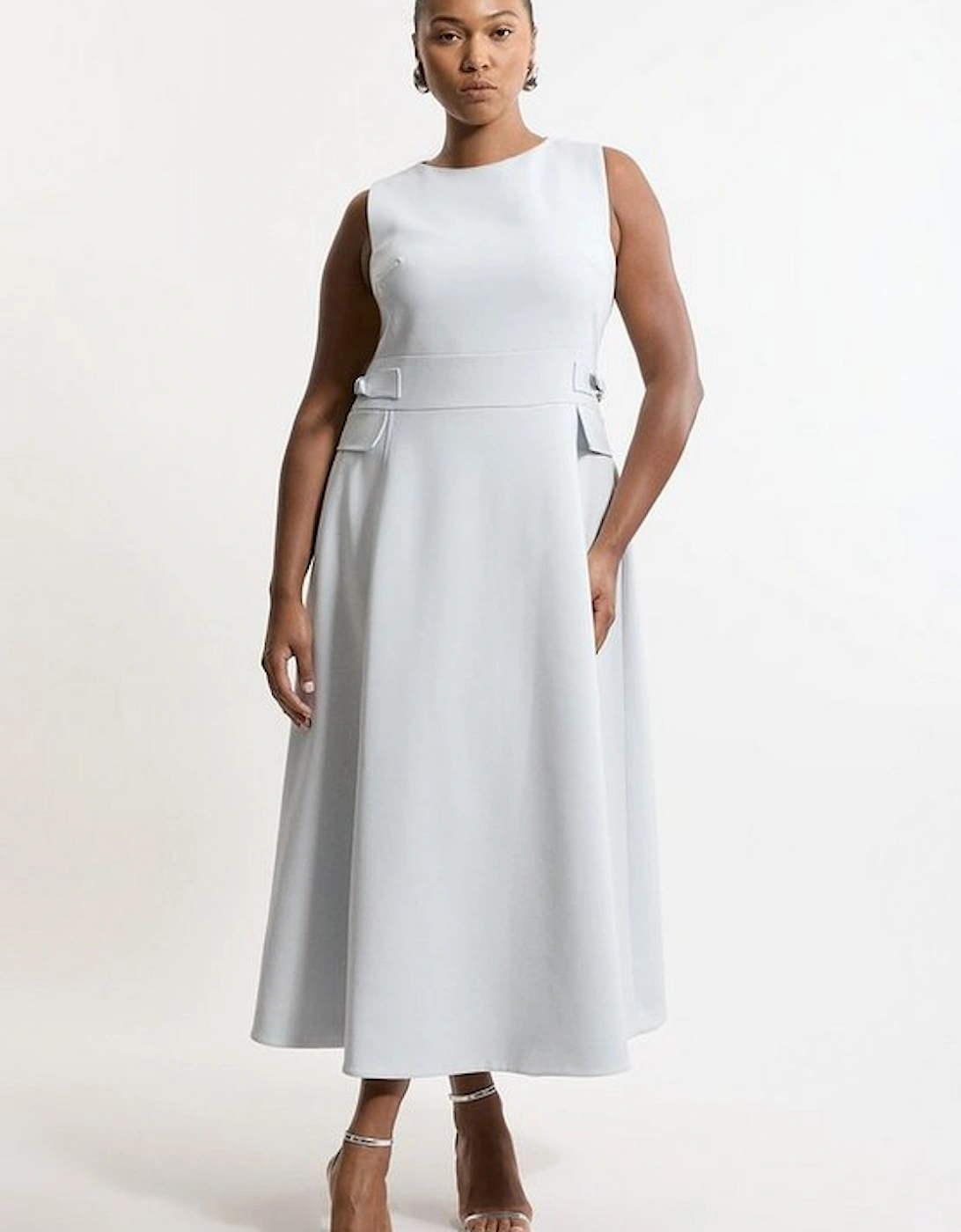 Plus Size Compact Stretch Tab Waist Detail Full Skirt Midi Dress, 5 of 4