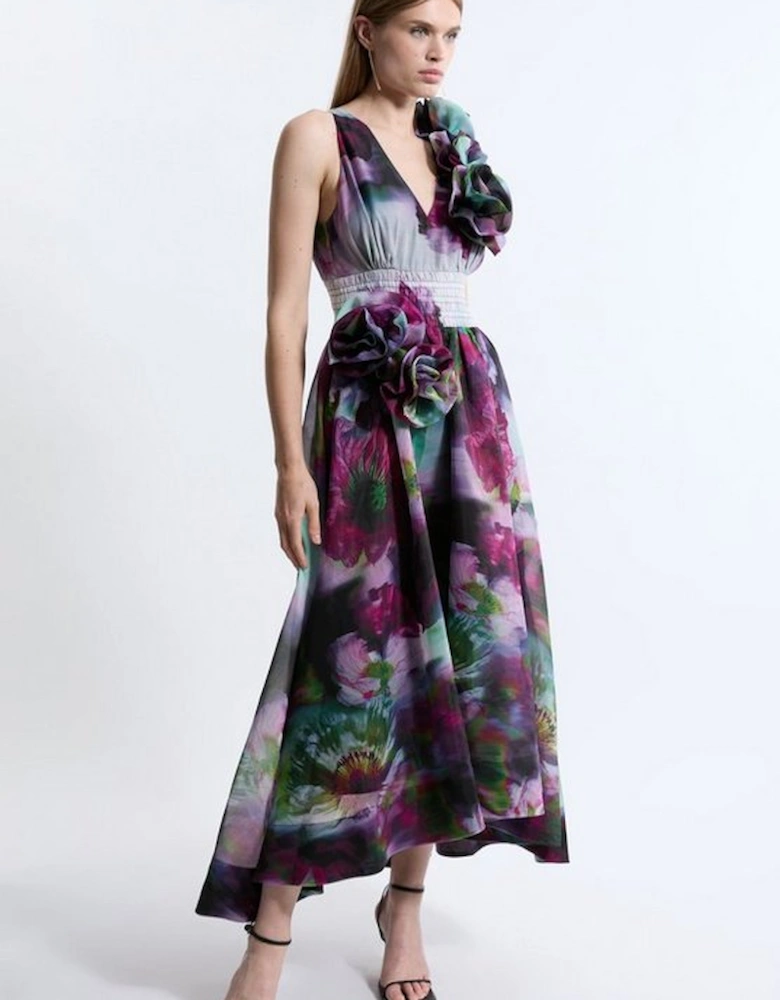 Petite Blurred Floral Organdie Rosette Detail Midaxi Dress