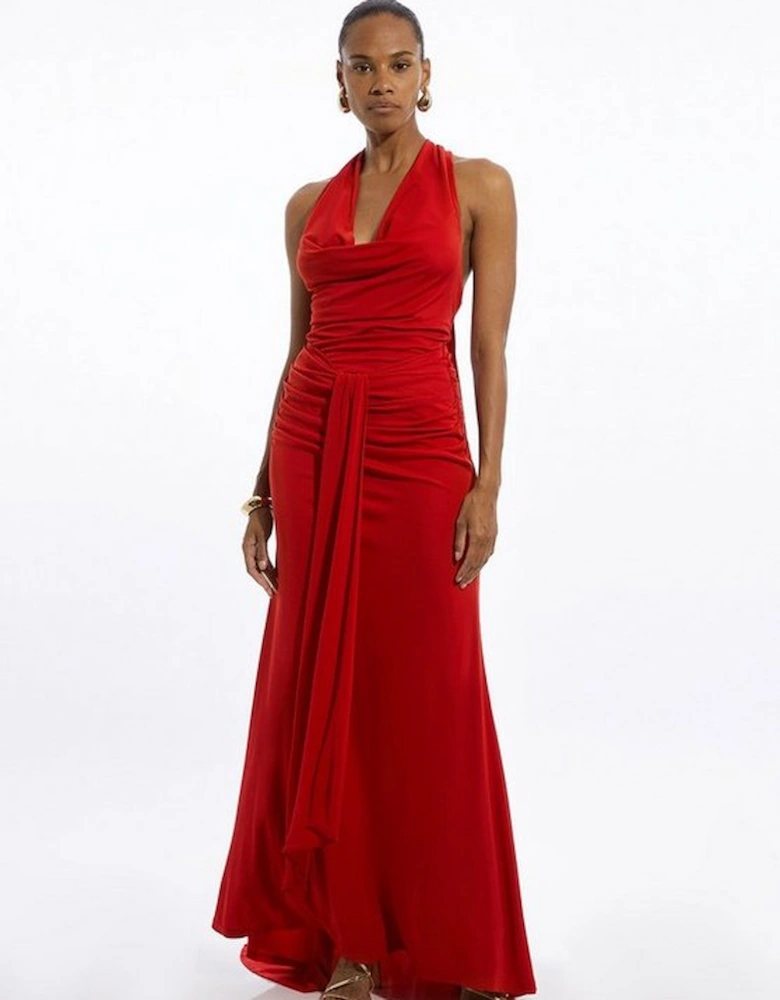 Premium Viscose Jersey Crepe Cowl Neck Maxi Dress