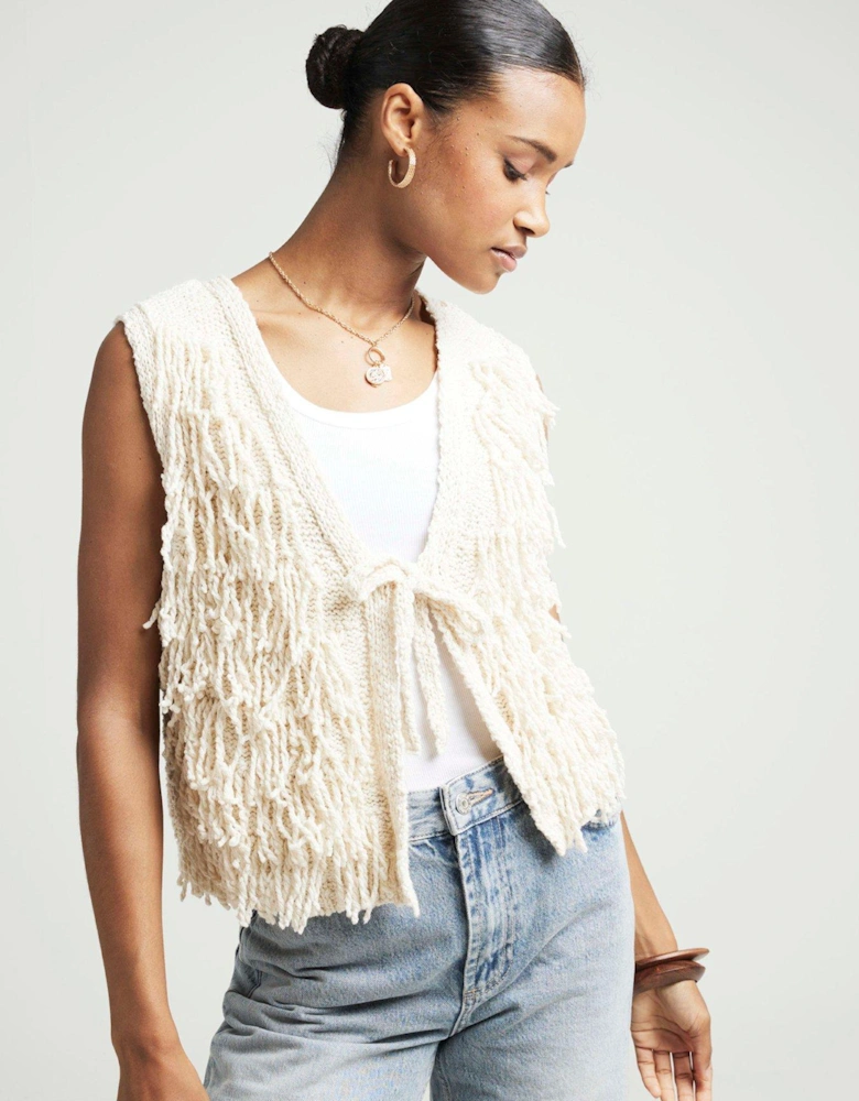 Fringe Detail Gilet - Cream