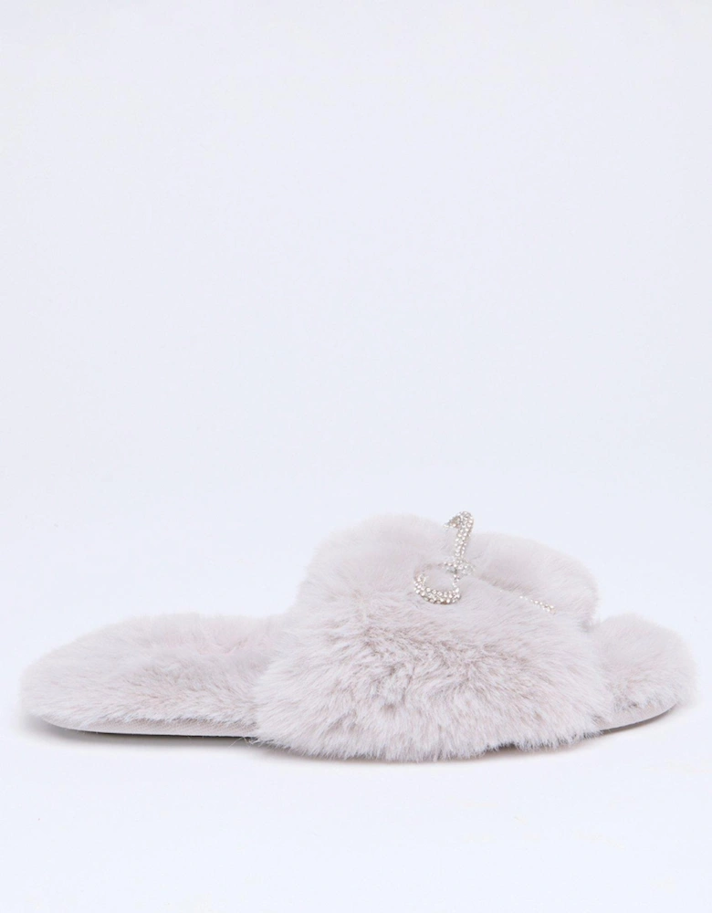 Bow Embellished Slider Slipper - Grey