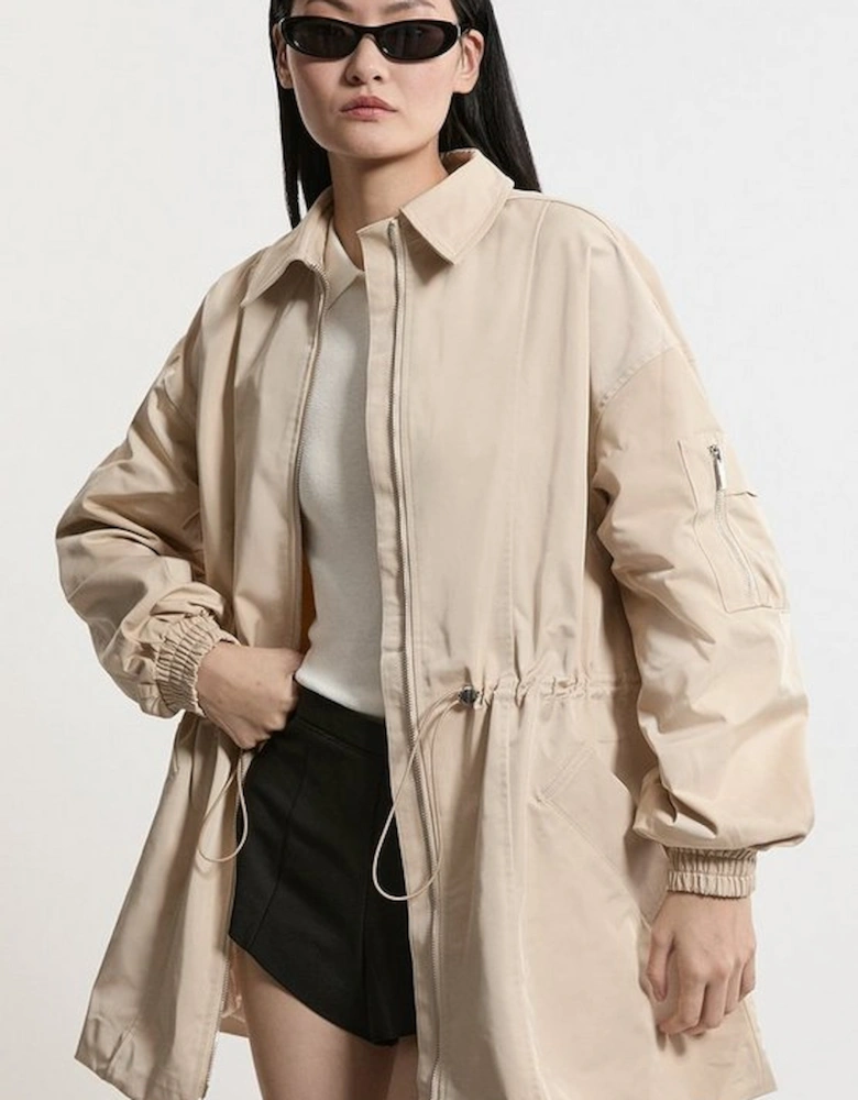 Drawstring Waist Collared Zip Through Mid Length Jacket