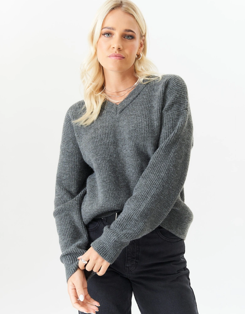 Grey V Neck Knit Oversized Jumper