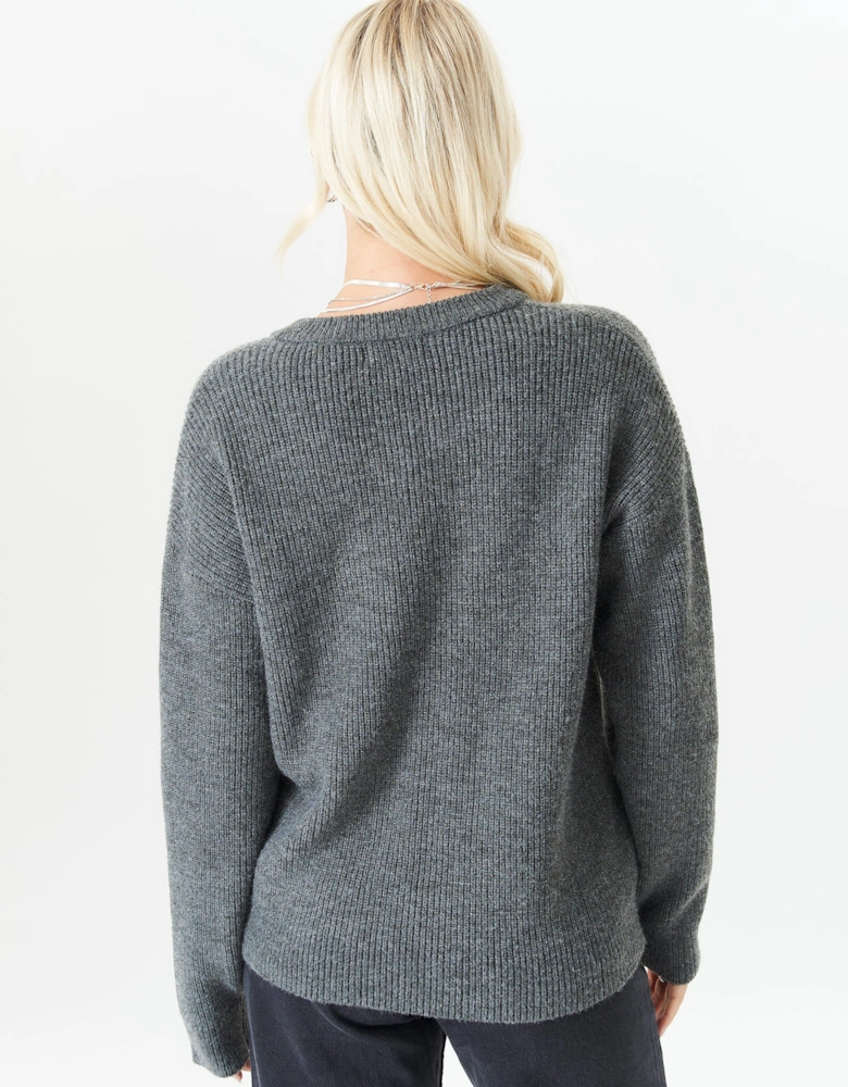 Grey V Neck Knit Oversized Jumper