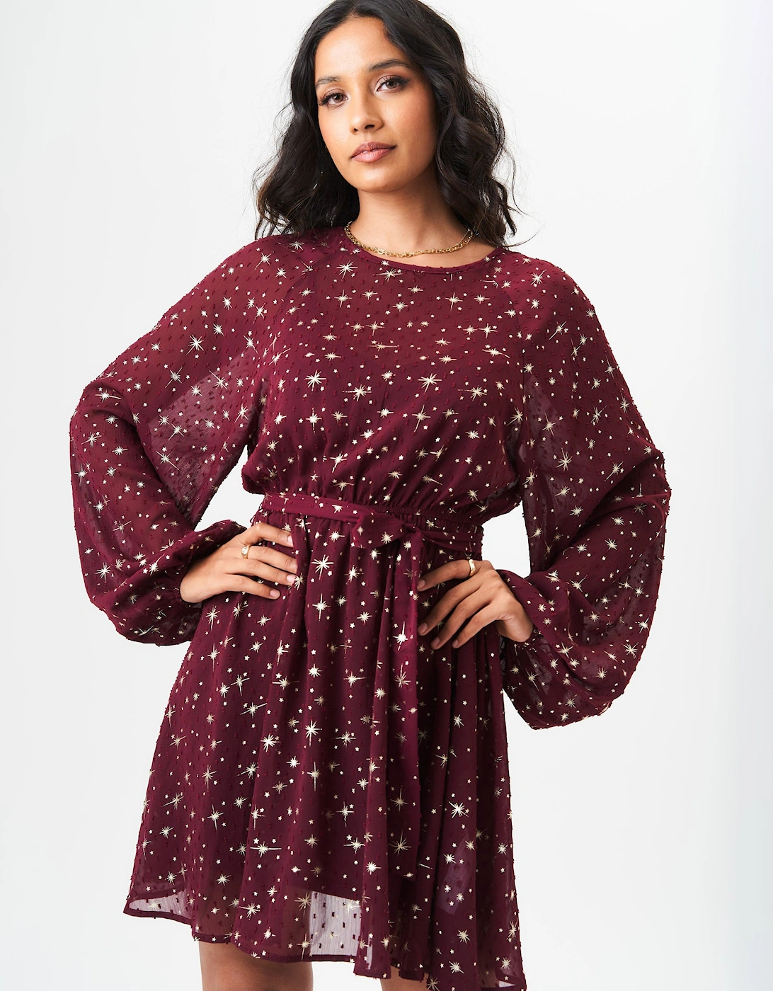 Burgundy Star Print Long Sleeve Mini Dress