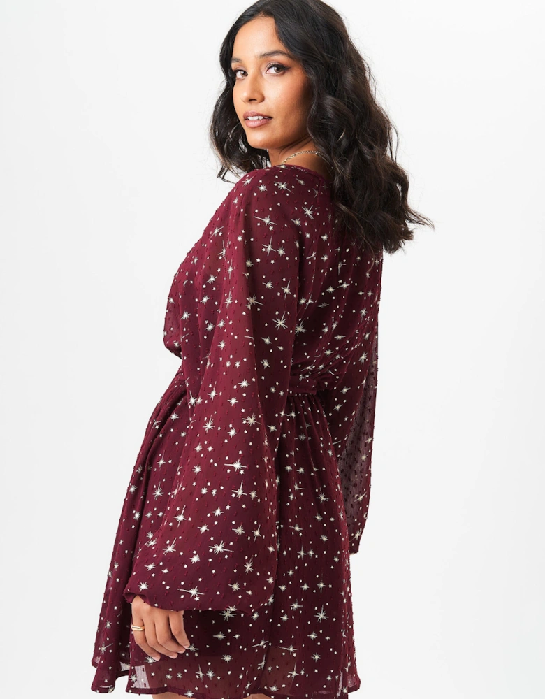 Burgundy Star Print Long Sleeve Mini Dress