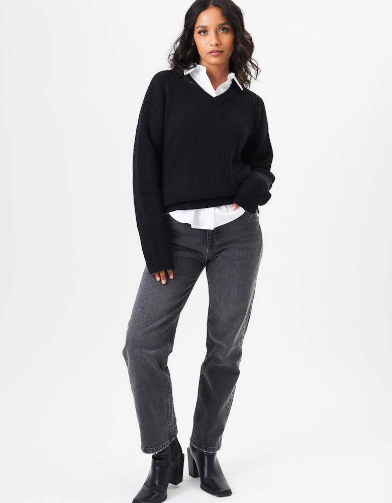 Black V Neck Knit Oversized Jumper