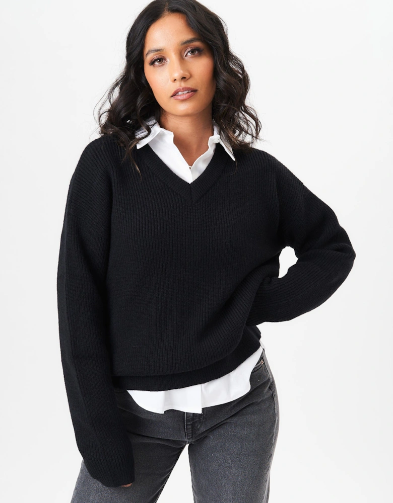 Black V Neck Knit Oversized Jumper