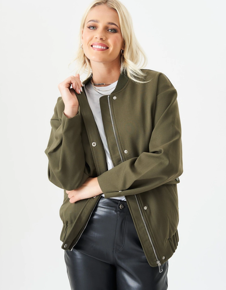 Khaki Zip Up Oversized Bomber Jacket