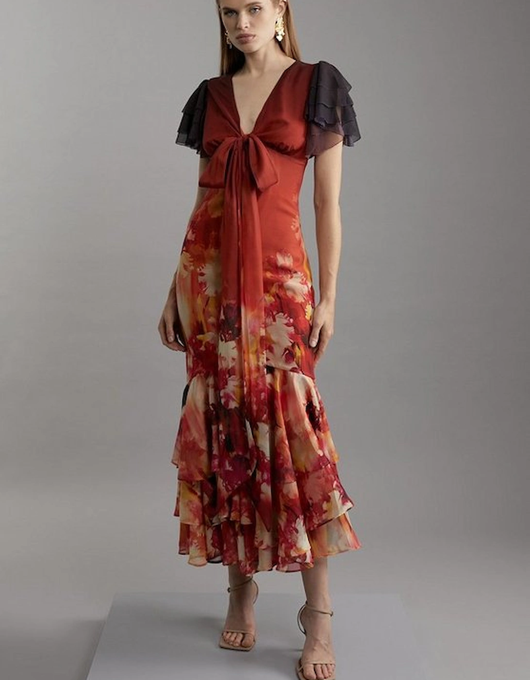 Petite Ombre Floral Ruffle Sleeve Button Through Maxi Dress