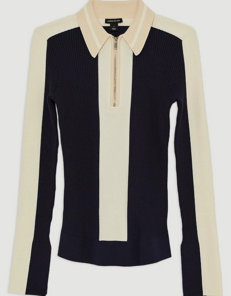 Rib Knit Polo Zip Up Top