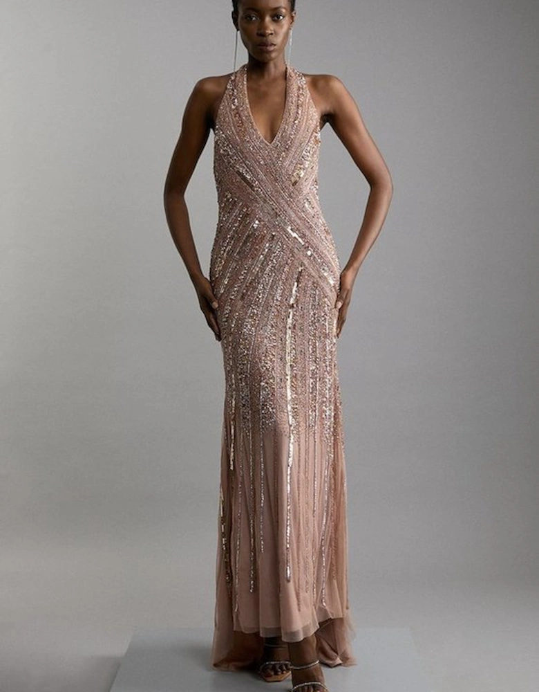 Metallic Embellished And Beaded Halter Maxi Dress