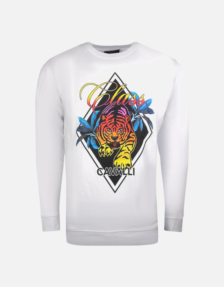 Cavalli Class Diamond Tiger Design White Sweatshirt