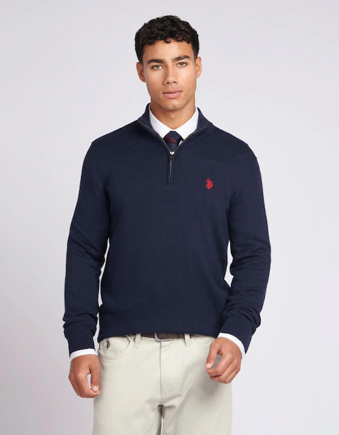 U S Polo Assn Men's Knitted Cotton Rich Knit Funnel Neck 1/4 Zip Dark Sapphire Navy/Haute Red, 6 of 5