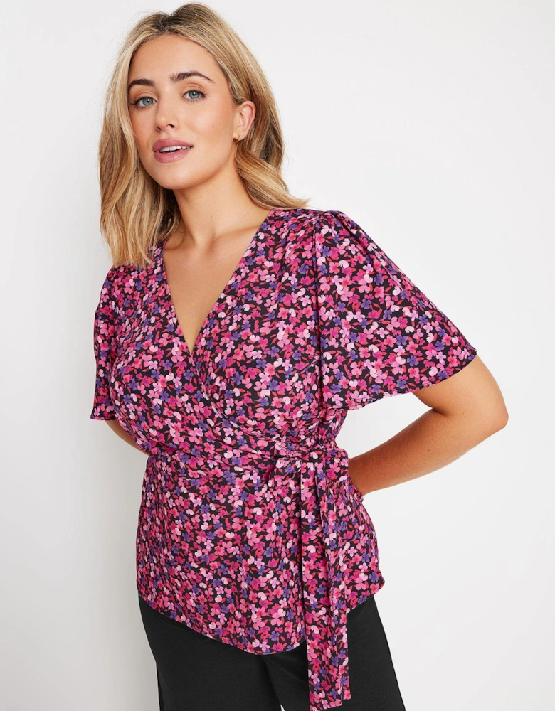 Ditsy Wrap Tie Blouse - Pink