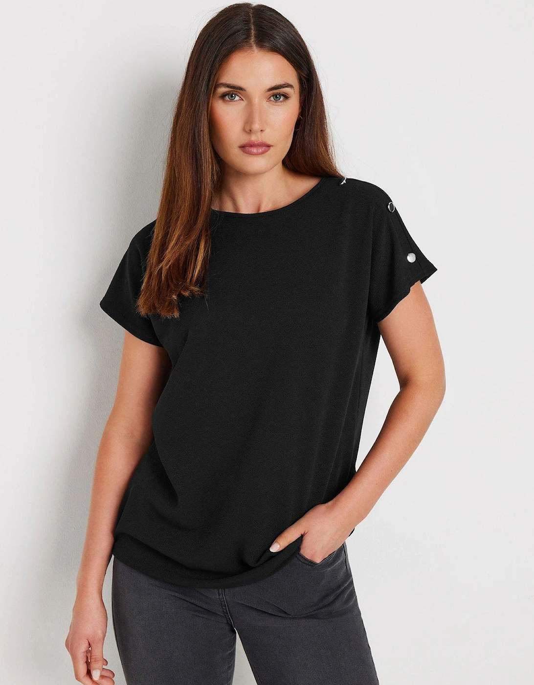 Tall Button Shoulder Short Sleeve T-Shirt - Black, 2 of 1