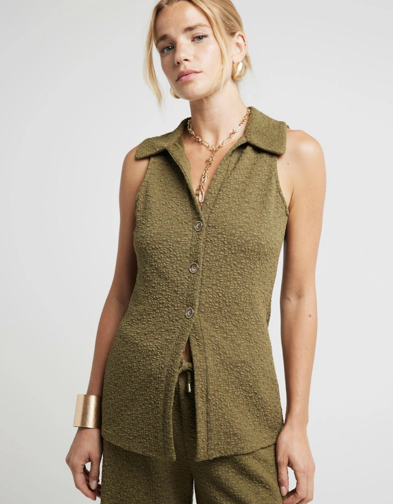 Textured Sleeveless Shirt - Khaki