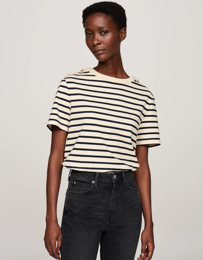 Regular Stripe Gold Button Womens T-Shirt