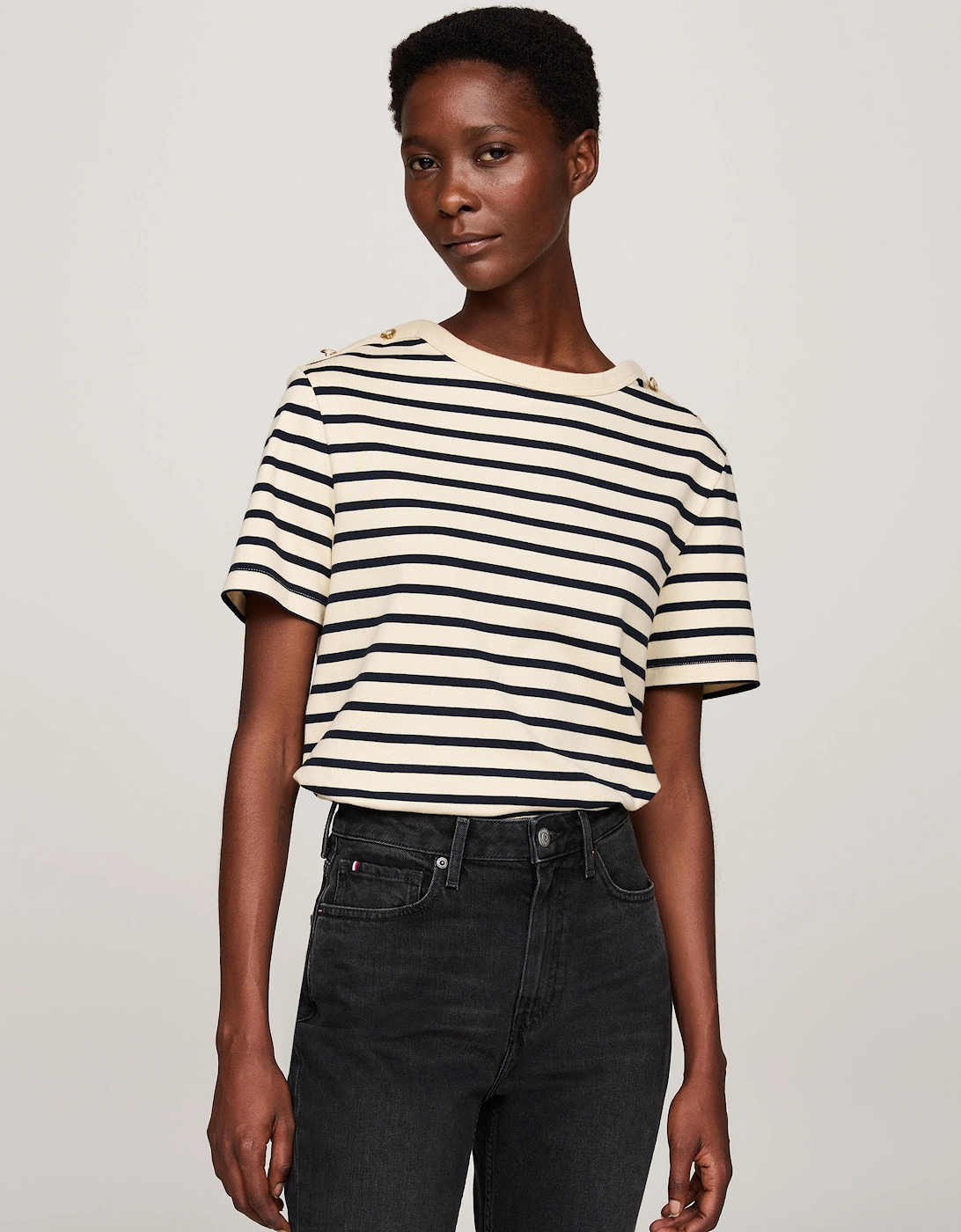 Regular Stripe Gold Button Womens T-Shirt, 6 of 5