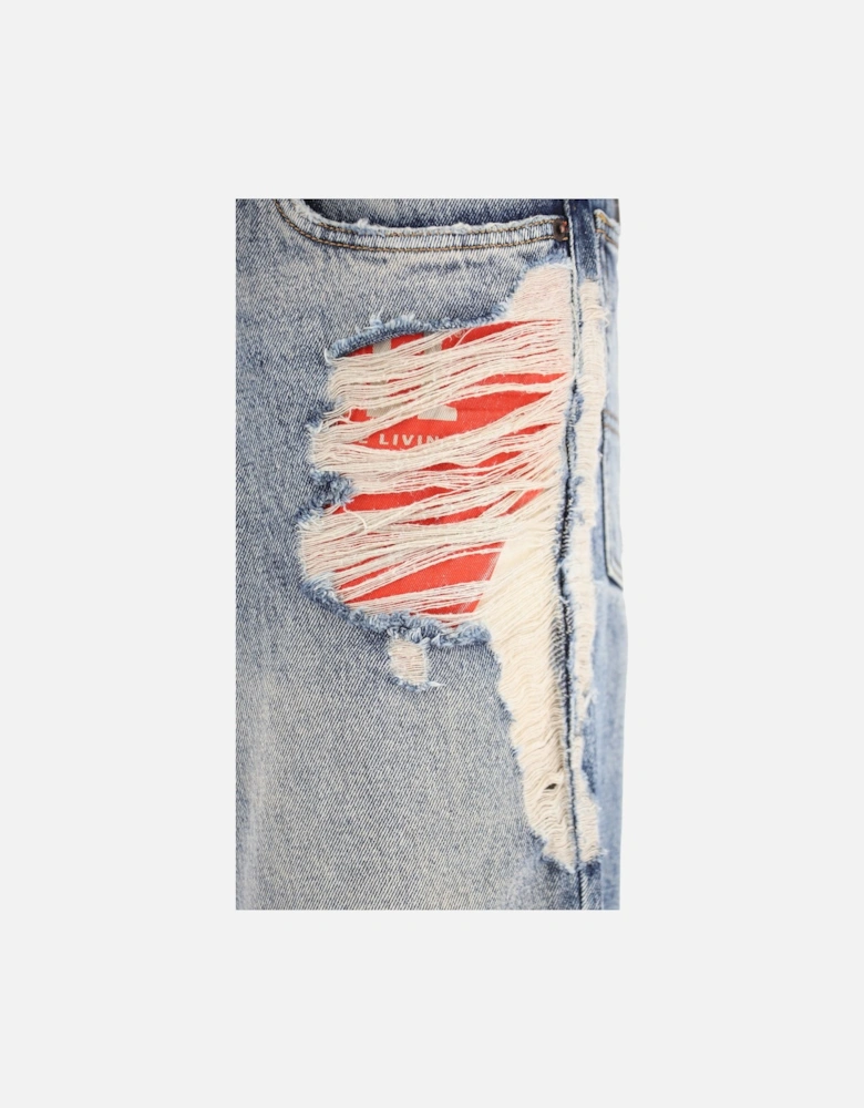 1955 Mens Denim Jeans Straight Leg High Waist Faded Ripped Denim Trousers