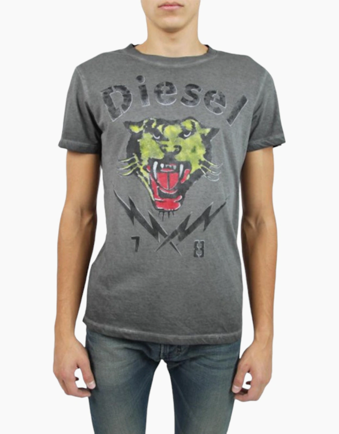 Men's DIESEL T SONS Mens T Shirts Short Sleeve Tiger Print Casual Summer Cotton Tees - Grey - Size: 36