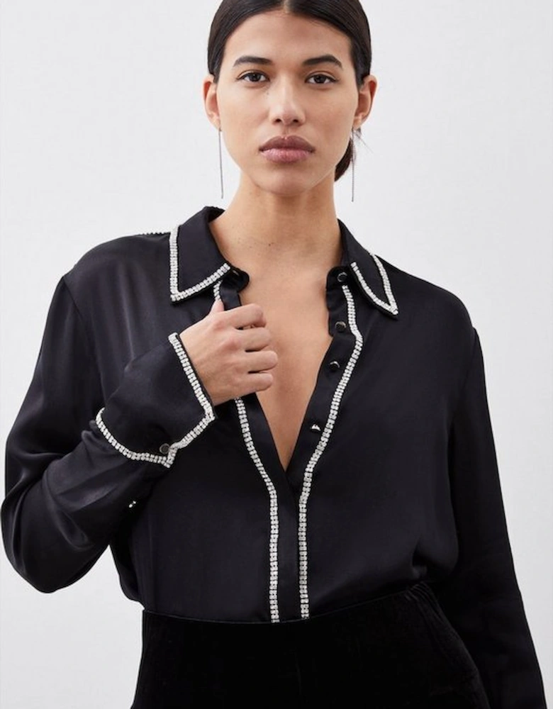 Diamante Trim Viscose Woven Satin Shirt