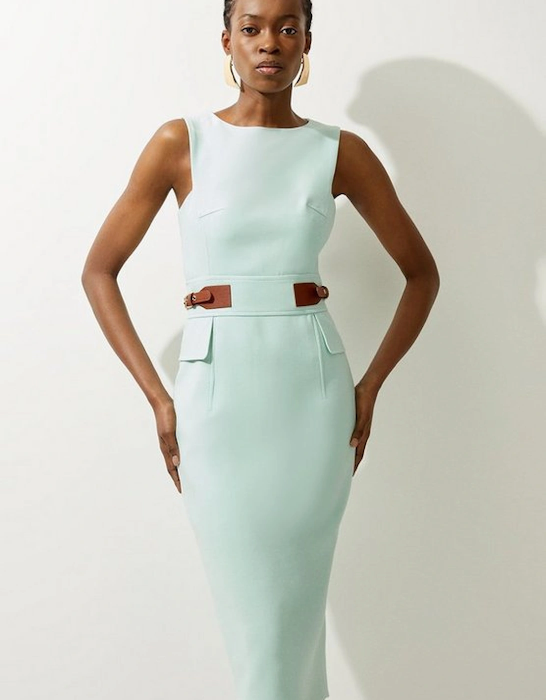 Compact Stretch Tab Waist Detail Tailored Midi Dress, 5 of 4