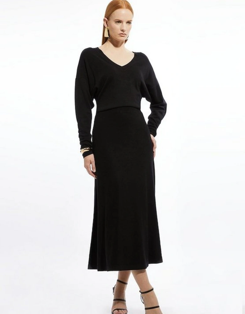 Viscose Blend V Neck Knit Midi Dress