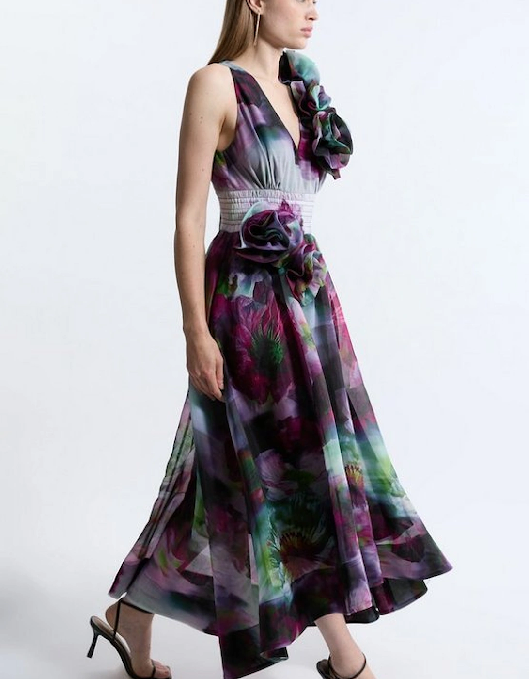 Blurred Floral Organdie Rosette Detail Midaxi Dress, 5 of 4