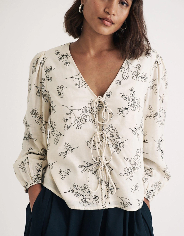 Printed Tie Detail Long Sleeve Blouse - White - Multi