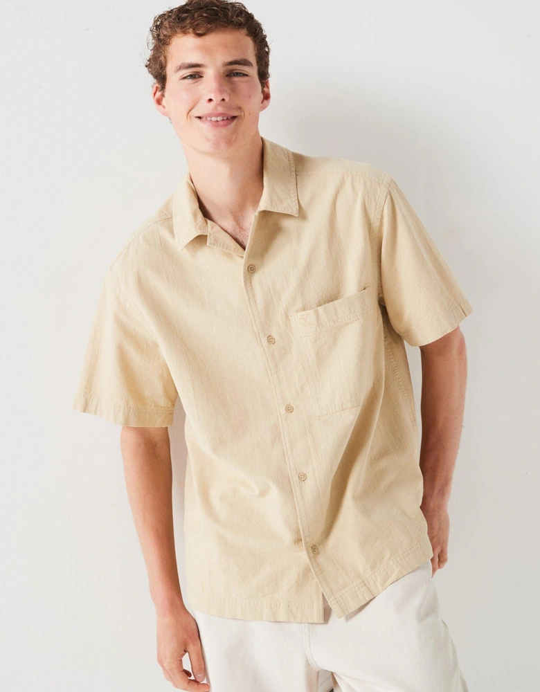 Textured Cotton Short Sleeve Shirt - Beige