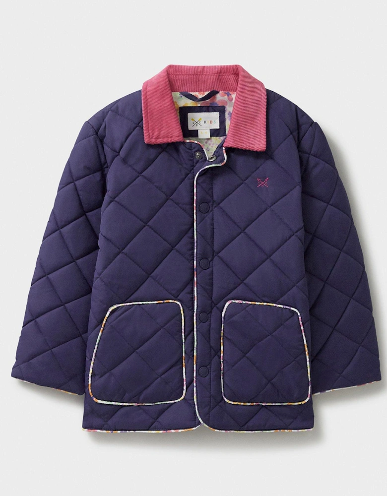 Girls Contrast Cord Collar Quilted Jacket - Navy