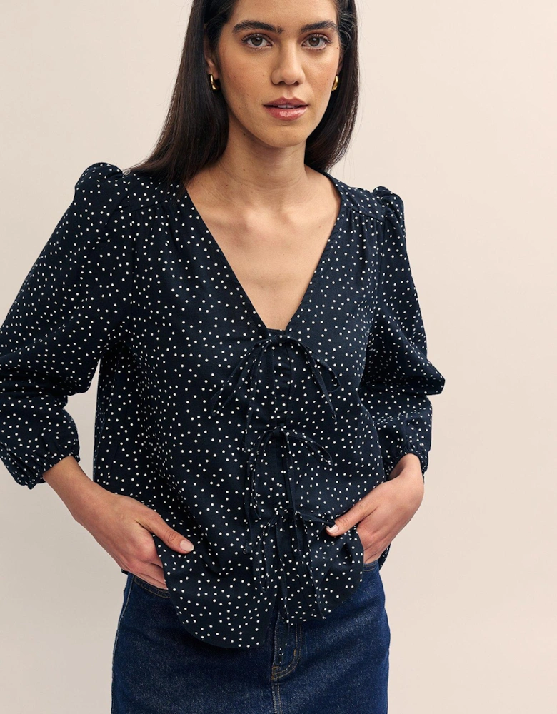 Spot Print Long Sleeve Tie Detail Top - Brown - Multi