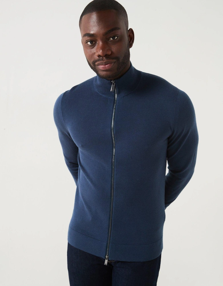 Wool Zip Through Knitted Jumper - Dark Blue