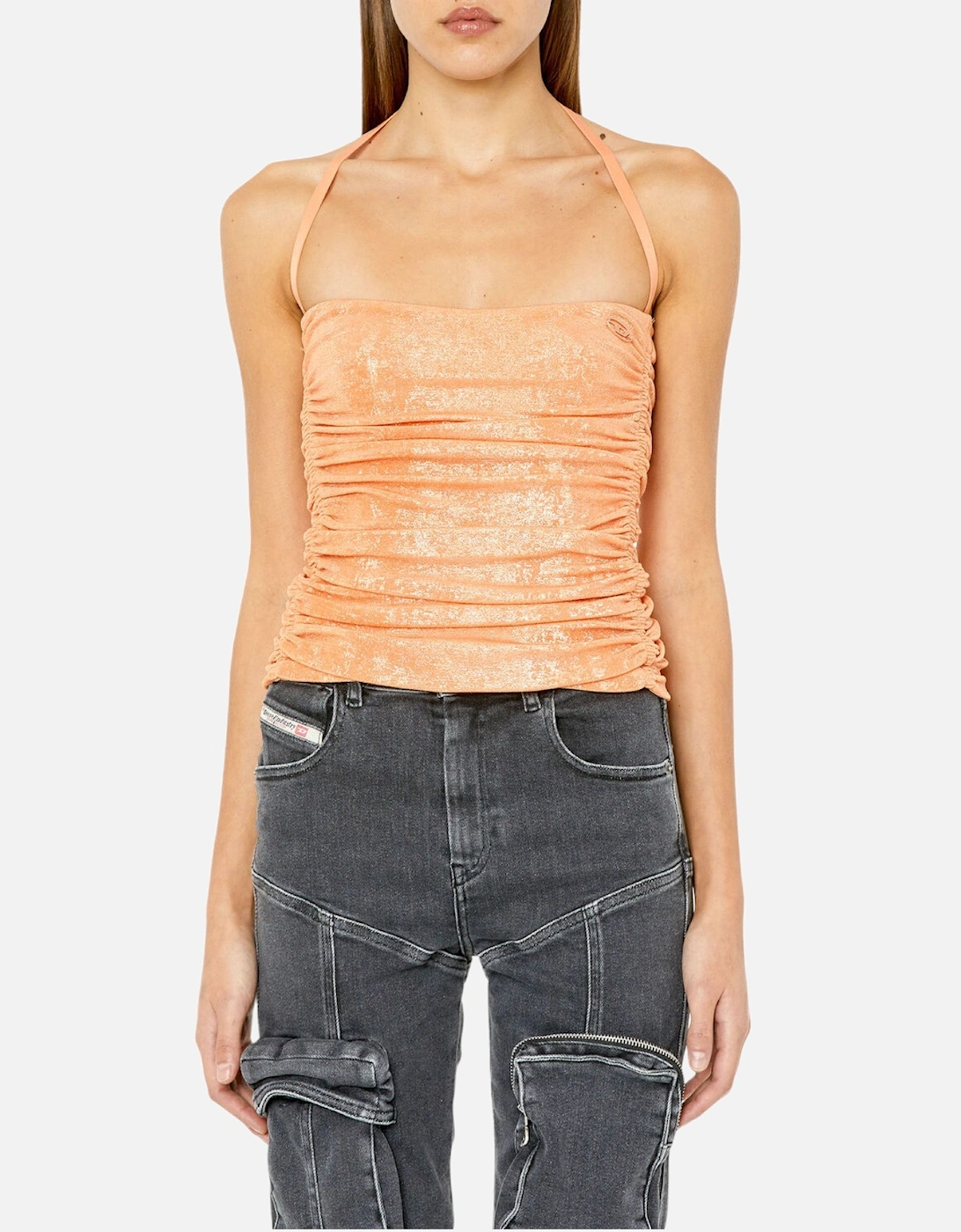 Diesel Women's Diesel T-DRU Womens Laminated Jersey Halter Neck Sleeveless Vintage Party Tops - Pink/Orange/Red
