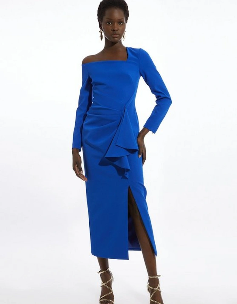 Stretch Crepe Asymmetric Neckline Draped Midi Dress