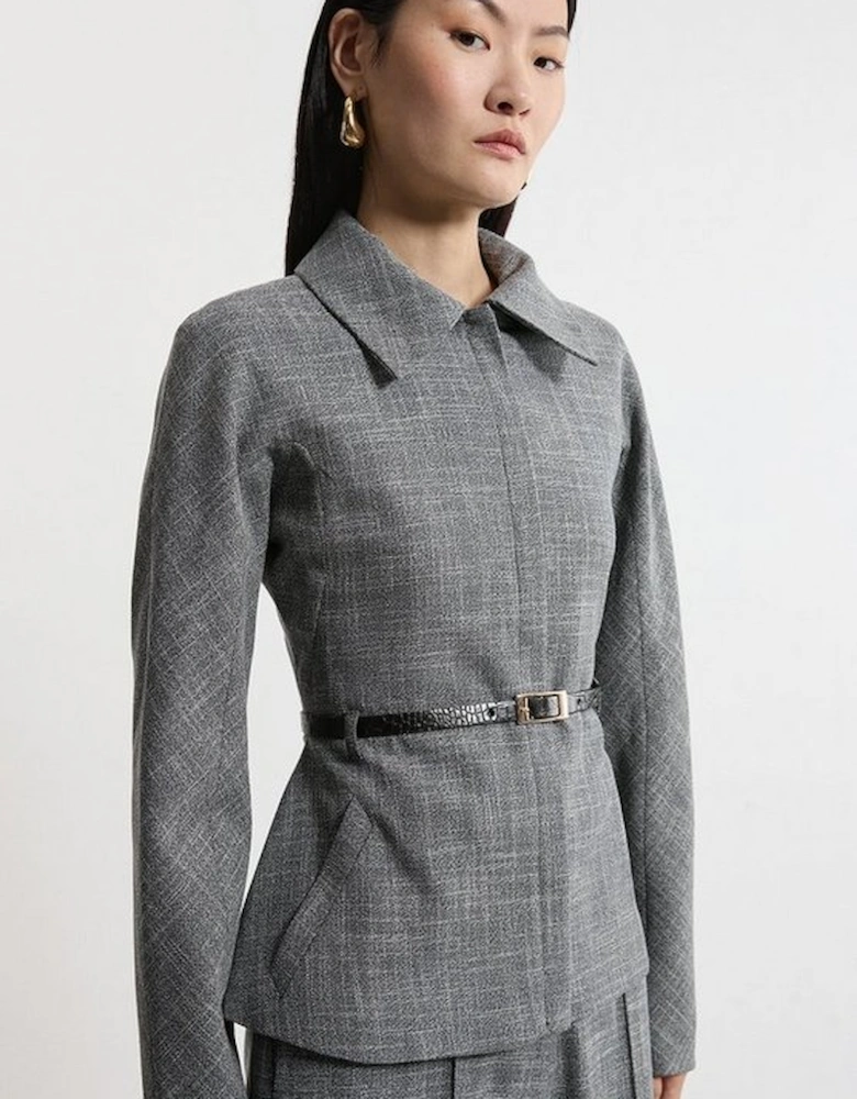 Mono Texture Belted Collared Tailored Jacket