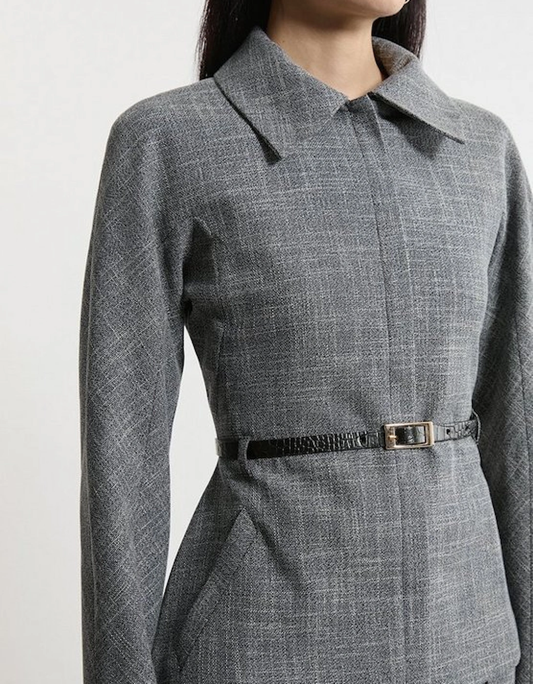 Mono Texture Belted Collared Tailored Jacket