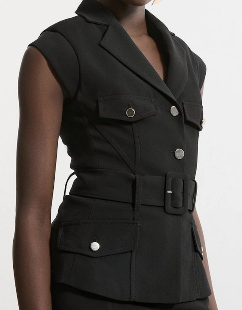 Tailored Crepe Belted Cap Sleeve Collared Jacket