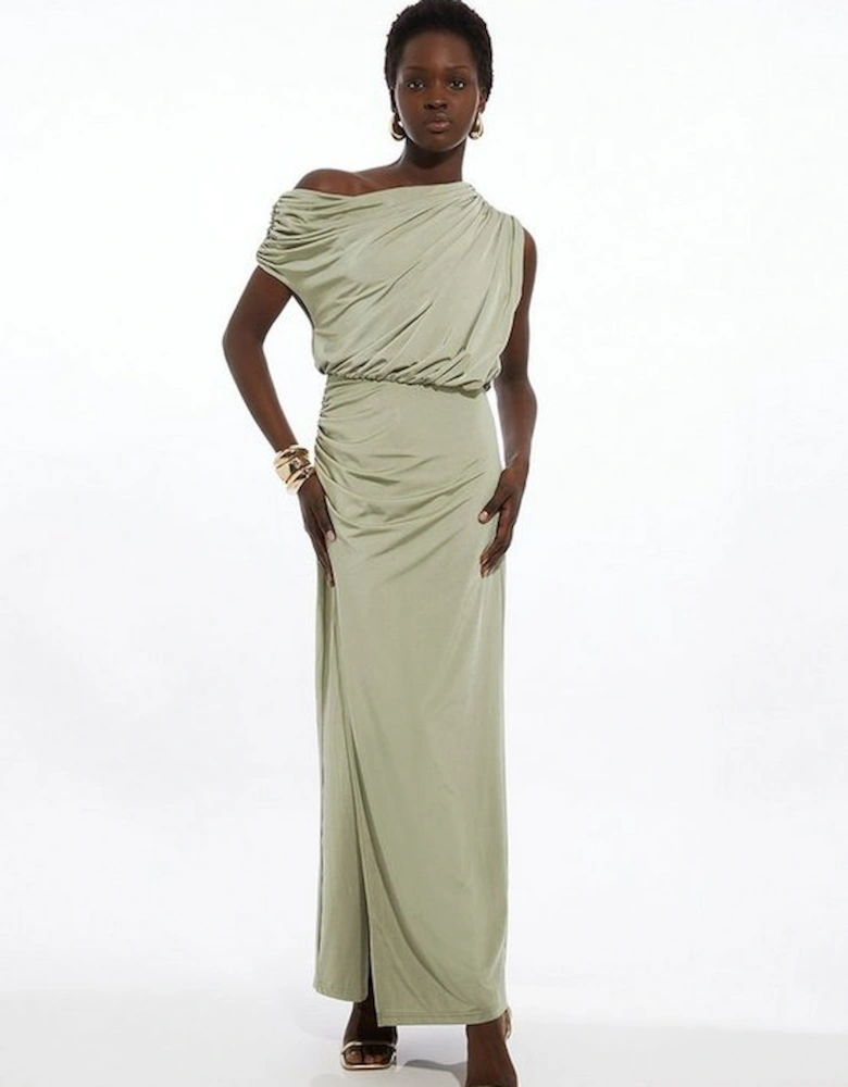 Petite Drapey Slinky Jersey Bardot Maxi Dress