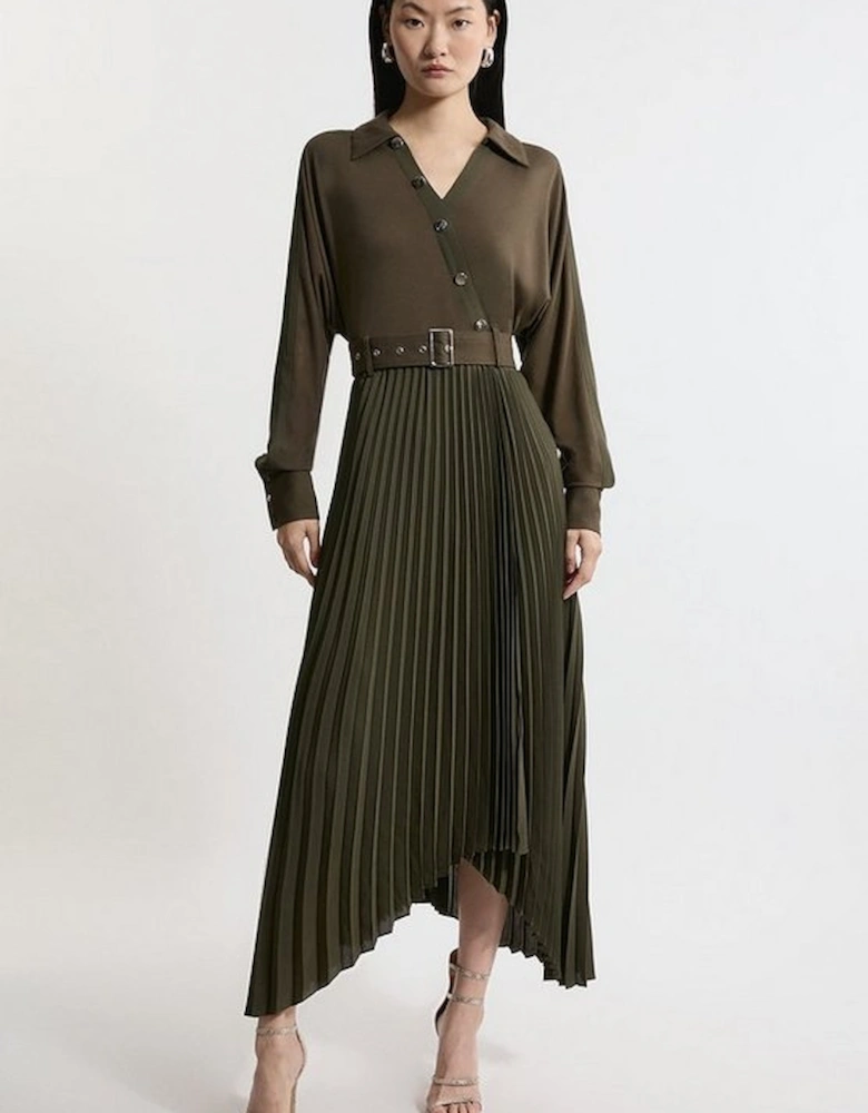 Jersey And Georgette Mix Belted Pleat Midi Dress