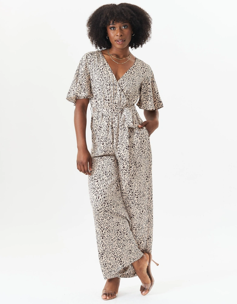 Tan Satin Animal Angel Sleeves Wrap Jumpsuit